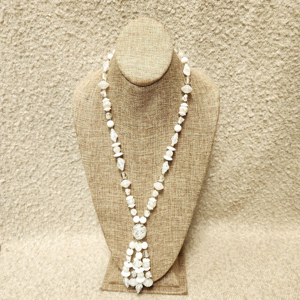 Vintage White Blown Plastic Beaded Pendant Necklace MCM 20s Gatsby Style